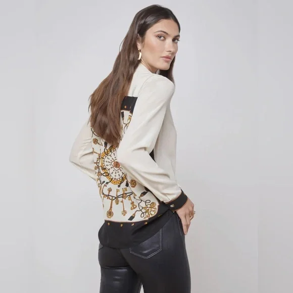 L’AGENCE Gio Blouse Ecru Keys Scarf Print 100% Silk Button Down Shirt Small - Picture 12 of 12